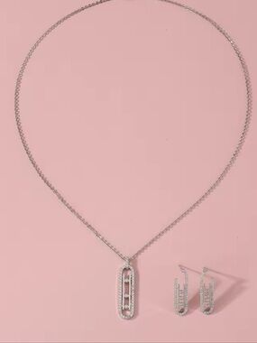 Anthropologie Silver Crystal Bar Pendant Necklace with Matching Drop Earrings